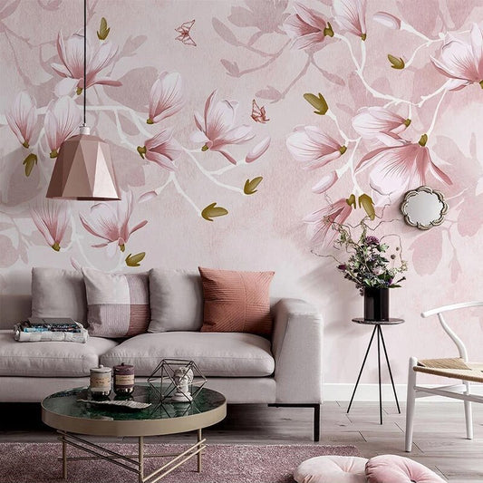 custom-mural-wallpaper-papier-peint-papel-de-parede-wall-decor-ideas-for-bedroom-living-room-dining-room-wallcovering-Hand-Painted-Pink-Flowers-Butterfly