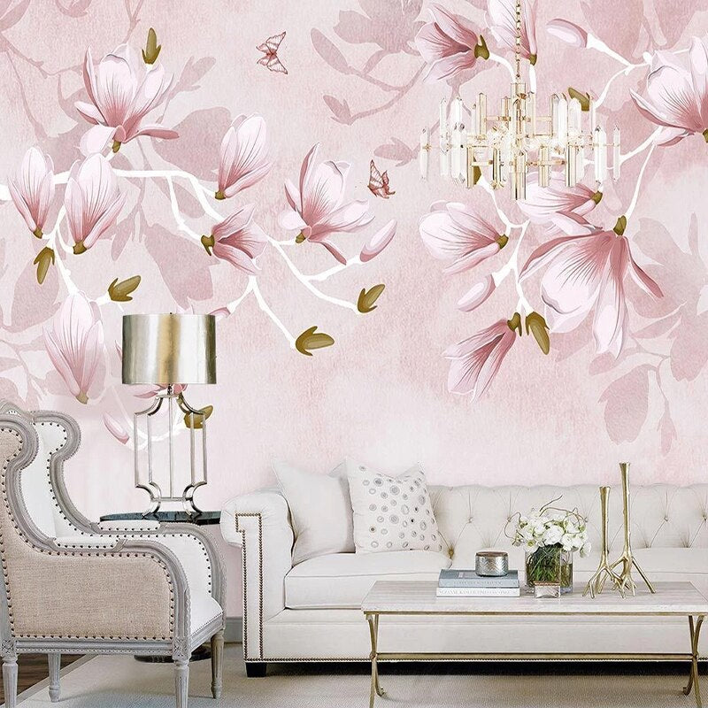 custom-mural-wallpaper-papier-peint-papel-de-parede-wall-decor-ideas-for-bedroom-living-room-dining-room-wallcovering-Hand-Painted-Pink-Flowers-Butterfly