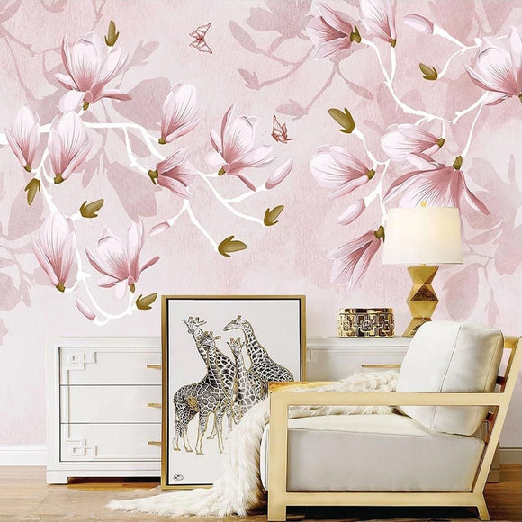 custom-mural-wallpaper-papier-peint-papel-de-parede-wall-decor-ideas-for-bedroom-living-room-dining-room-wallcovering-Hand-Painted-Pink-Flowers-Butterfly