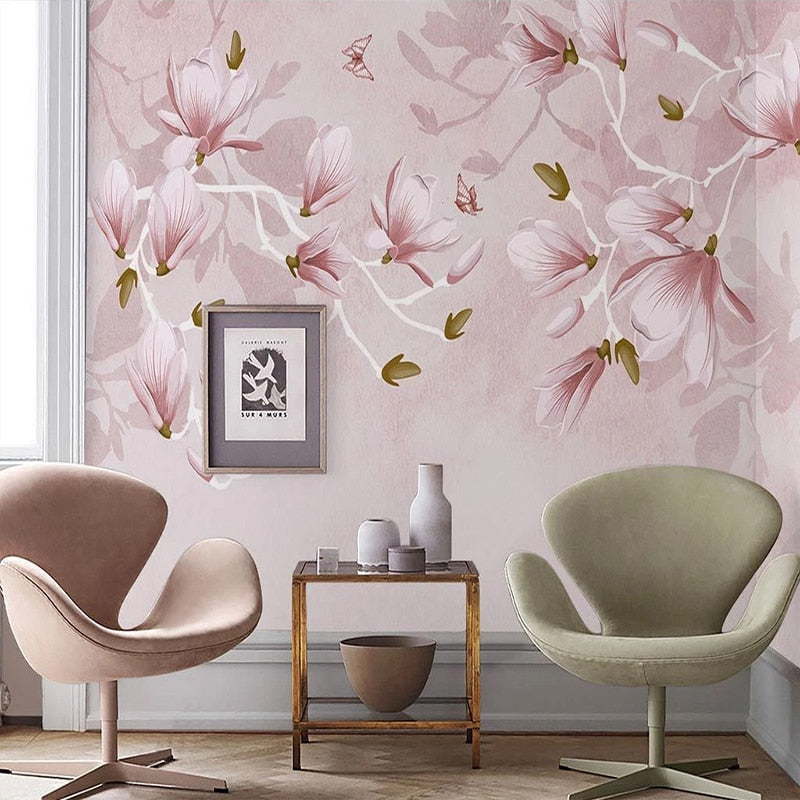 custom-mural-wallpaper-papier-peint-papel-de-parede-wall-decor-ideas-for-bedroom-living-room-dining-room-wallcovering-Hand-Painted-Pink-Flowers-Butterfly
