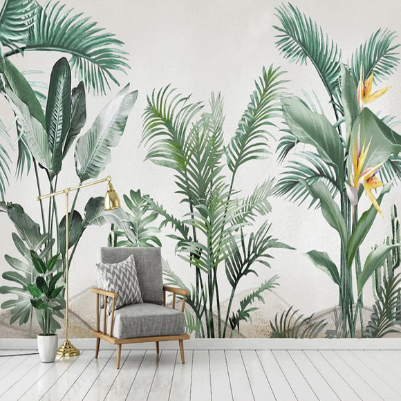 custom-mural-wallpaper-papier-peint-papel-de-parede-wall-decor-ideas-for-bedroom-living-room-dining-room-wallcovering-Hand-Painted-Tropical-Rainforest-Plant-Leaves-banana-leaves-palm-leaves