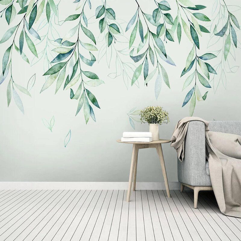 custom-mural-wallpaper-papier-peint-papel-de-parede-wall-decor-ideas-for-bedroom-living-room-dining-room-wallcovering-Hand-Painted-Plant-Green-Leaves