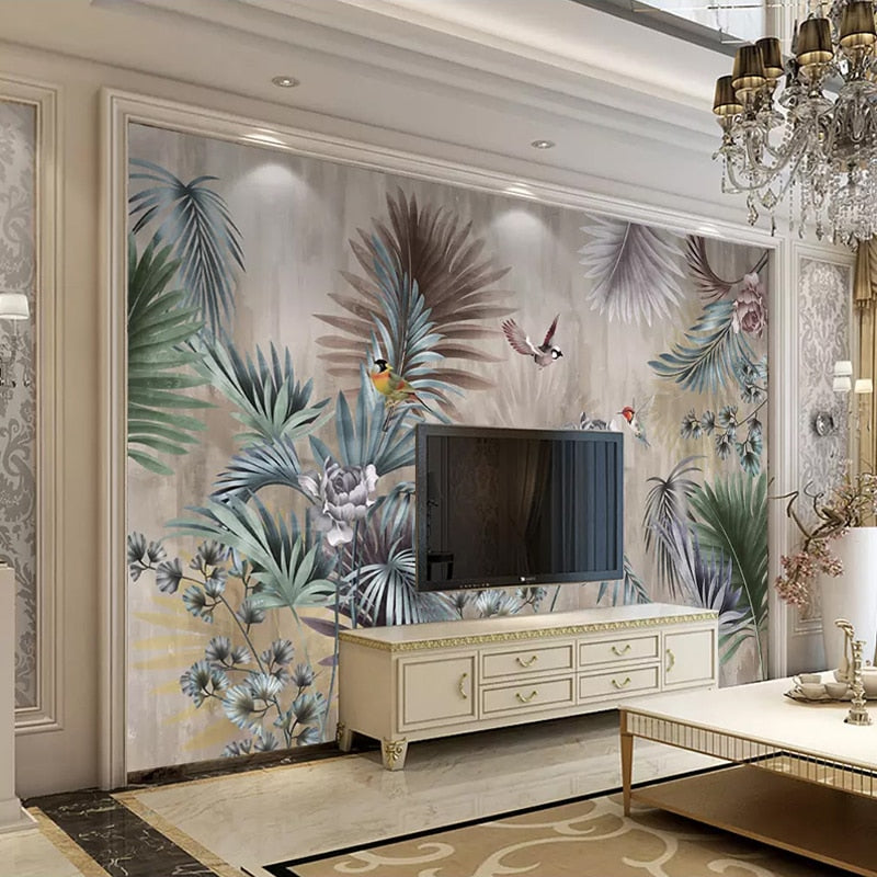 custom-mural-wallpaper-papier-peint-papel-de-parede-wall-decor-ideas-for-bedroom-living-room-dining-room-wallcovering-retro-Nordic-Plant-Leaves-Flowers-Birds
