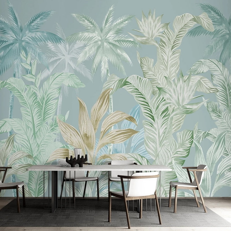 custom-mural-wallpaper-papier-peint-papel-de-parede-wall-decor-ideas-for-bedroom-living-room-dining-room-wallcovering-Hand-Painted-Tropical-Rainforest-Plant-Leaves
