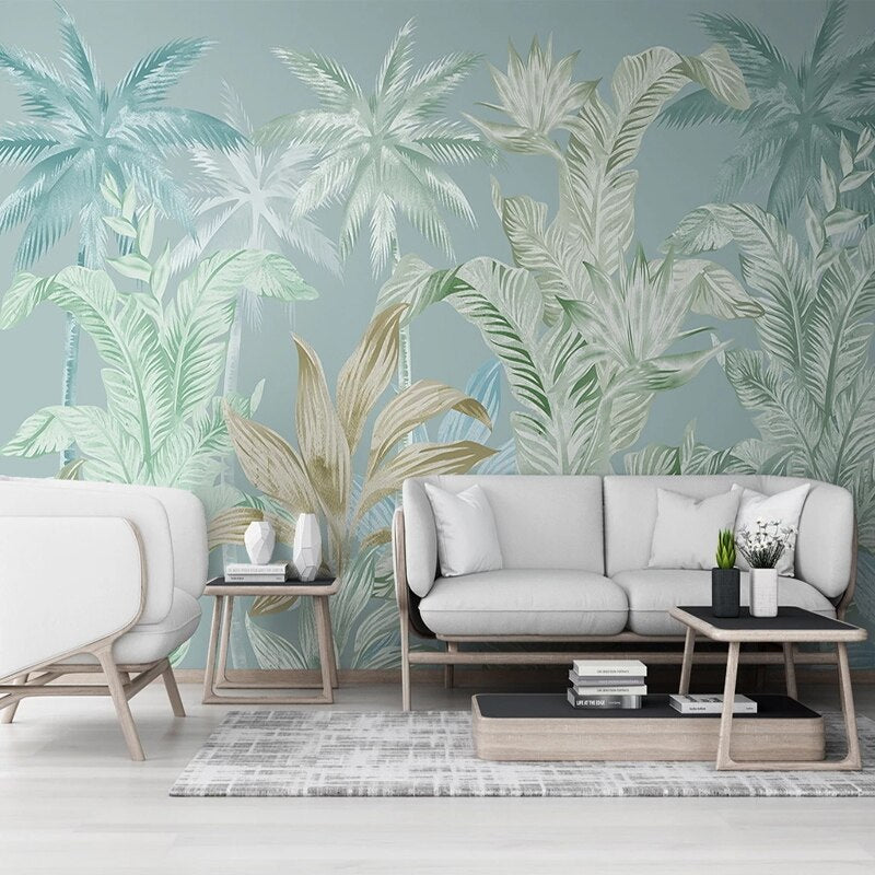 custom-mural-wallpaper-papier-peint-papel-de-parede-wall-decor-ideas-for-bedroom-living-room-dining-room-wallcovering-Hand-Painted-Tropical-Rainforest-Plant-Leaves