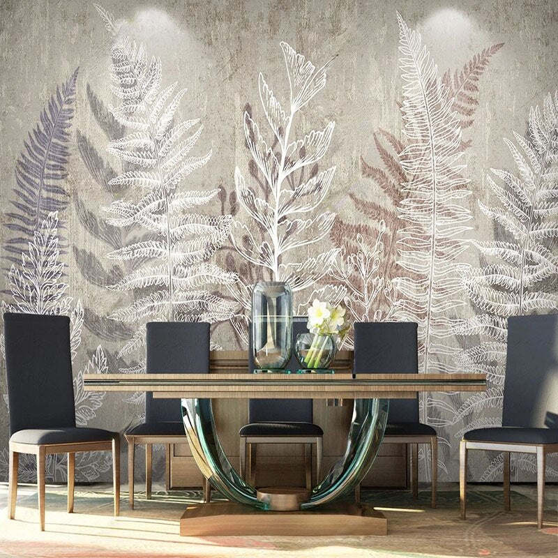 Custom Mural Wallpaper Retro Plant Leaf Line Drawing | BVM Home