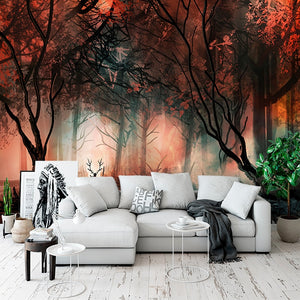 custom-mural-wallpaper-papier-peint-papel-de-parede-wall-decor-ideas-for-bedroom-living-room-dining-room-wallcovering-Red-Foggy-Forest-Landscape