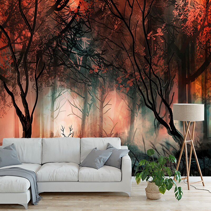 custom-mural-wallpaper-papier-peint-papel-de-parede-wall-decor-ideas-for-bedroom-living-room-dining-room-wallcovering-Red-Foggy-Forest-Landscape