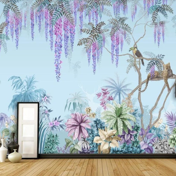 custom-mural-wallpaper-papier-peint-papel-de-parede-wall-decor-ideas-for-bedroom-living-room-dining-room-wallcovering-hand-painted-Western-painting-tropical-jungle-wisteria-animal-background-decorative-painting