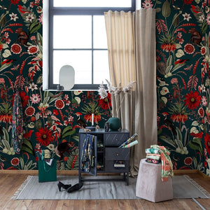 Custom Mural Pastoral Black Vintage Floral Wallpaper (㎡)