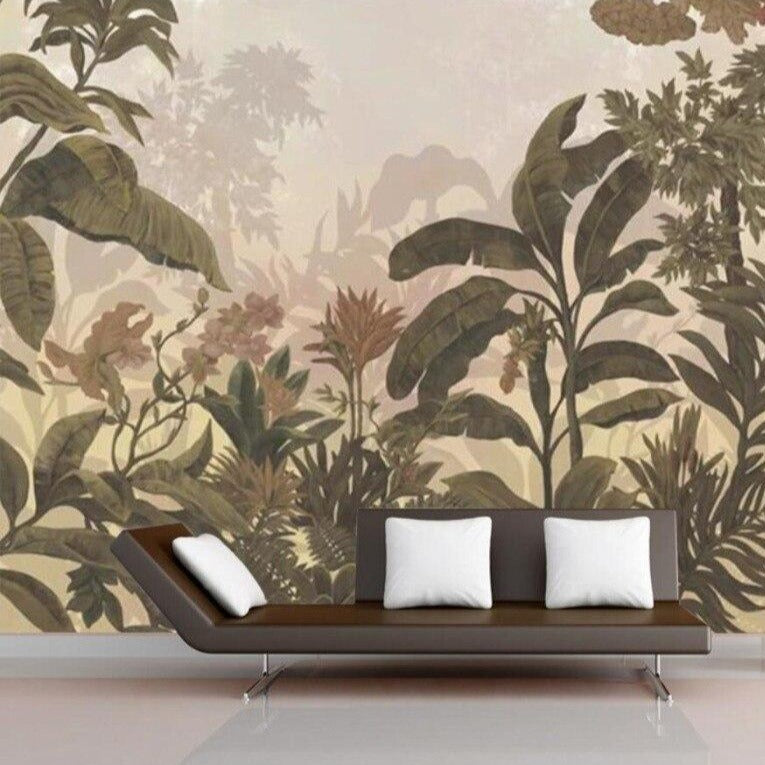 custom-mural-wallpaper-papier-peint-papel-de-parede-wall-decor-ideas-for-bedroom-living-room-dining-room-wallcovering-hand-painted-rainforest-plants-leaves-flowers-birds-animals-forest-background