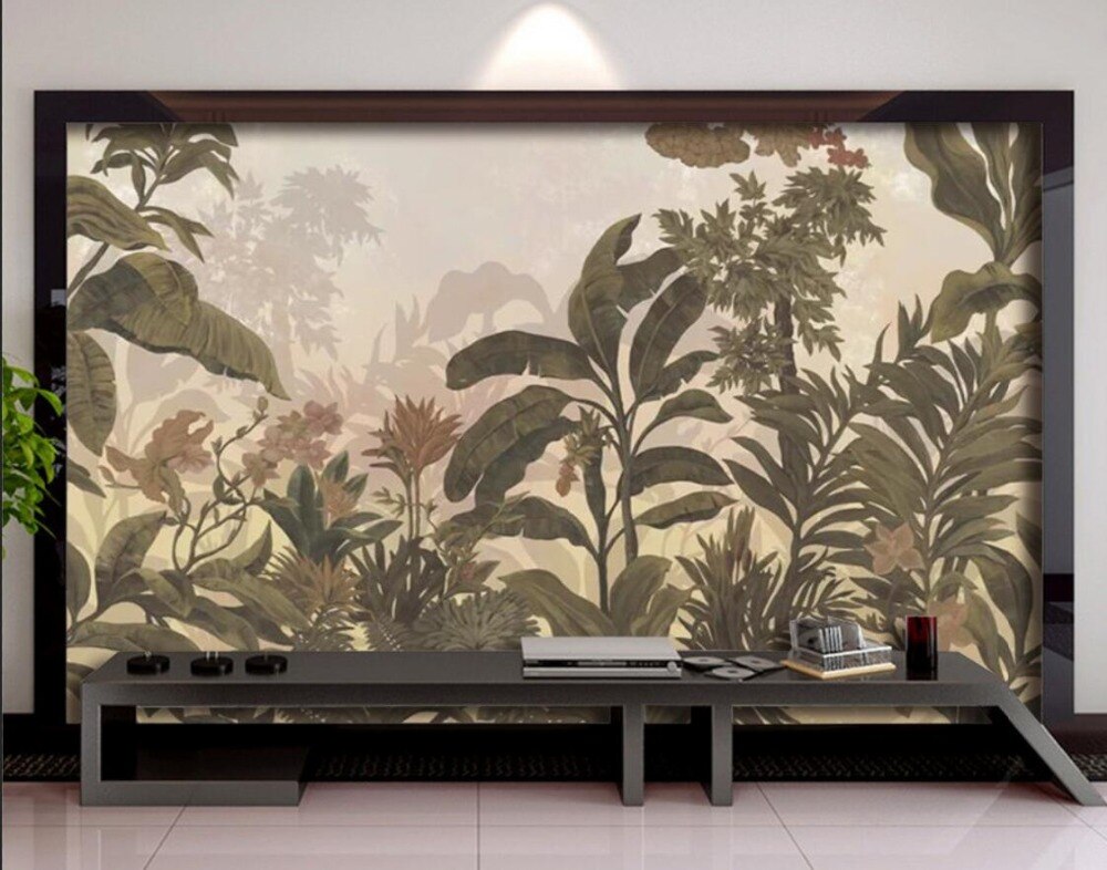 custom-mural-wallpaper-papier-peint-papel-de-parede-wall-decor-ideas-for-bedroom-living-room-dining-room-wallcovering-hand-painted-rainforest-plants-leaves-flowers-birds-animals-forest-background