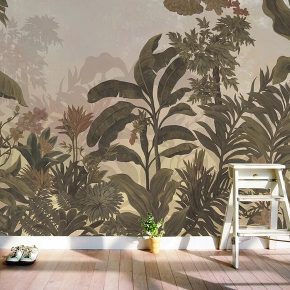 custom-mural-wallpaper-papier-peint-papel-de-parede-wall-decor-ideas-for-bedroom-living-room-dining-room-wallcovering-hand-painted-rainforest-plants-leaves-flowers-birds-animals-forest-background