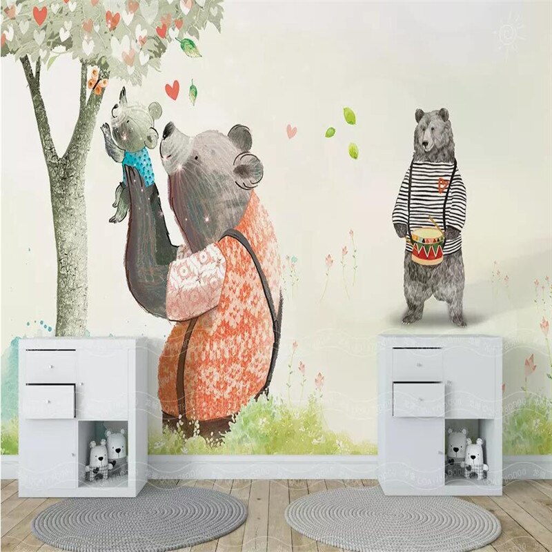 custom-wallpaper-mural-wall-covering-wall-decor-wall-decal-wall-sticker-nursery-decor-kids-room-children's-room-daycare-kindergarten-ideas-cartoon-bear-animals-papier-peint