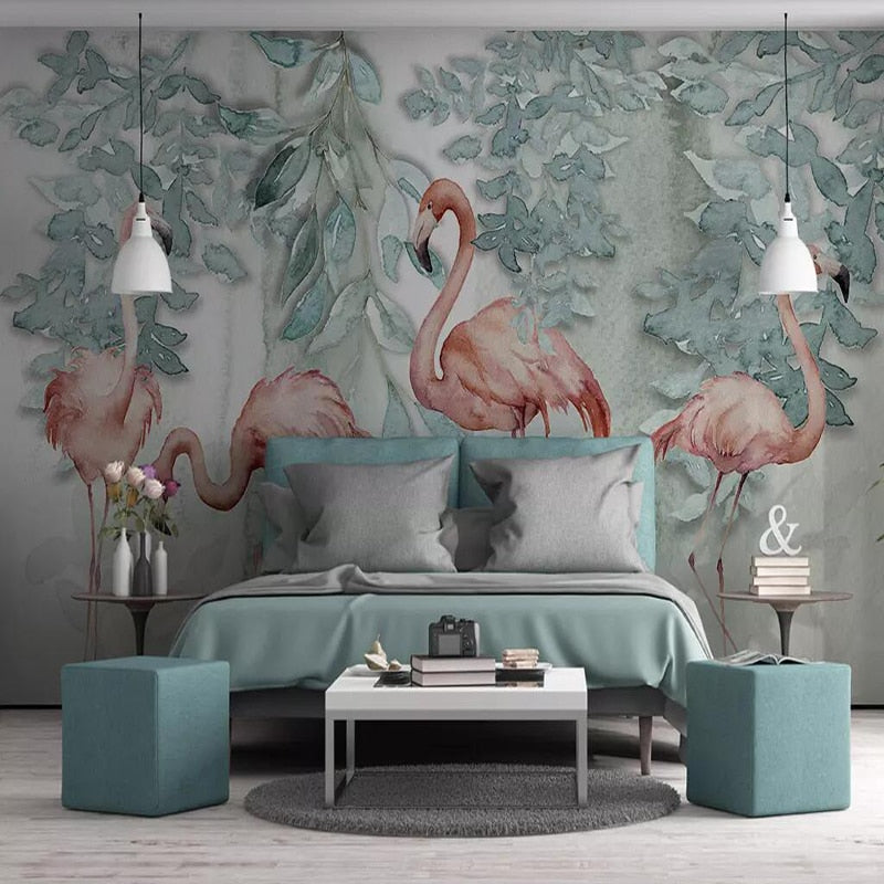 custom-size-wall-mural-decorative-wallpaper-original-northern-europe-simple-small-fresh-leaf-flamingo-rural-brick-wall-background-wall