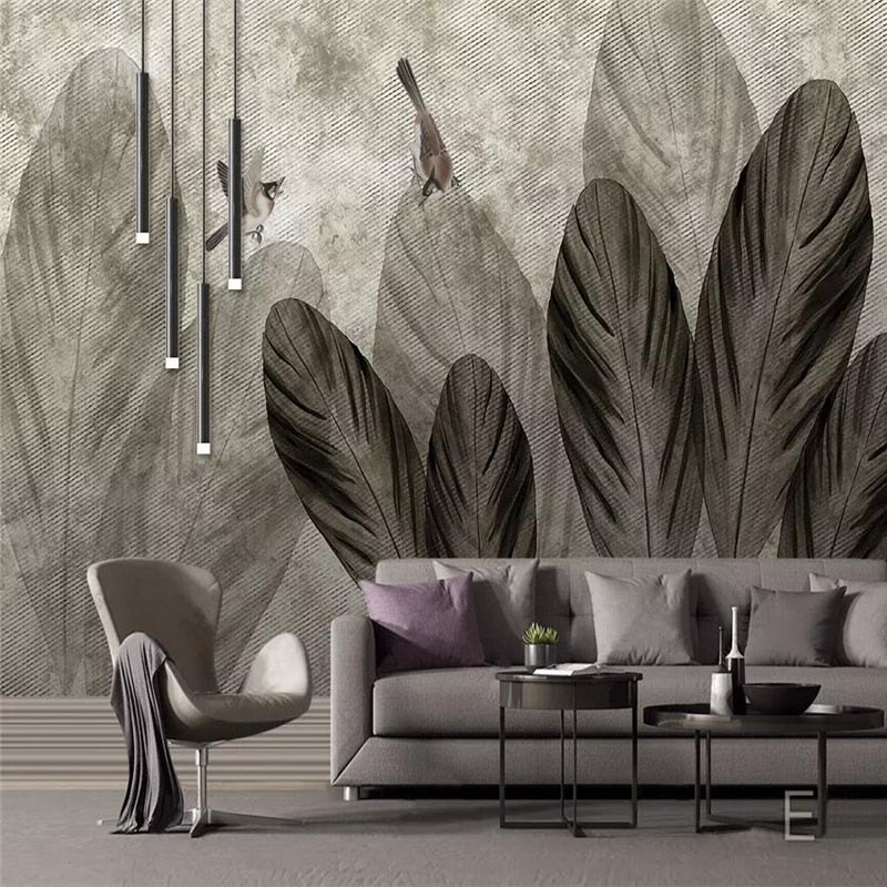 custom-size-wall-mural-european-hand-painted-style-abstract-leaf-bird-nostalgic-background-wall-painting