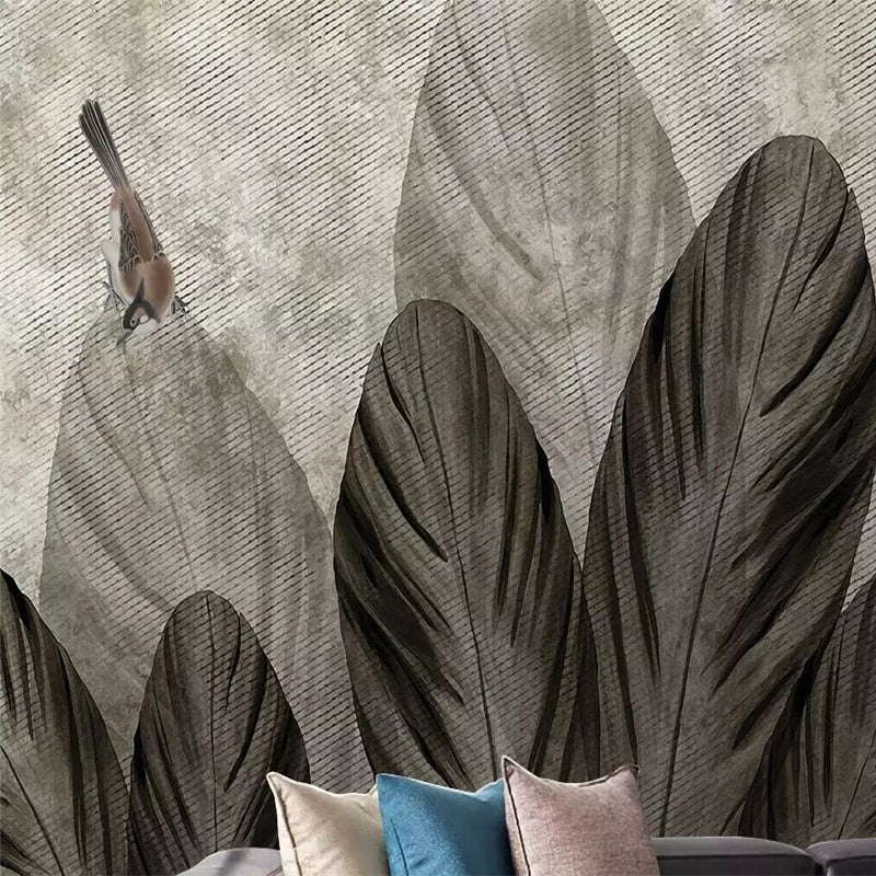 custom-size-wall-mural-european-hand-painted-style-abstract-leaf-bird-nostalgic-background-wall-painting