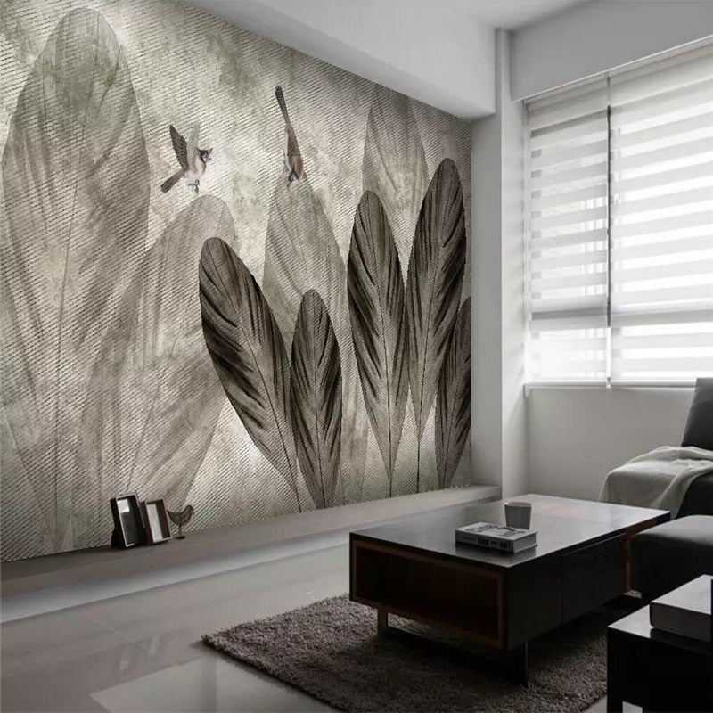 custom-size-wall-mural-european-hand-painted-style-abstract-leaf-bird-nostalgic-background-wall-painting