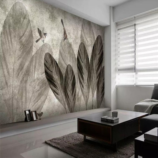 custom-size-wall-mural-european-hand-painted-style-abstract-leaf-bird-nostalgic-background-wall-painting