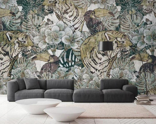 european-retro-mural-modern-minimalist-plant-tiger-background-wall-home-decoration-living-room-bedroom-background-3d-wallpaper-wall-covering-papier-peint