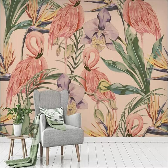 flamingo-flower-bird-plant-tropical-rainforest-background-wall-papier-peint-wallpaper-mural-custom-photo-wall