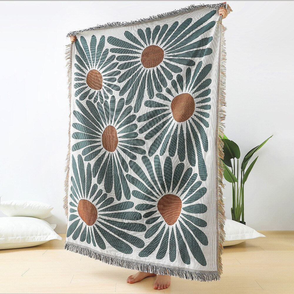 Floral Daisy Pattern Woven Throw Blanket Wall Tapestry BVM home BVM