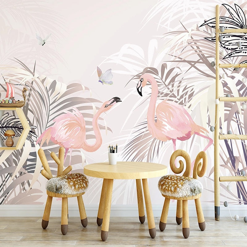 hand-painted-pink-leaf-flamingo-photo-mural-custom-3d-wallpaper-for-kids-room-girls-bedroom-living-room-tv-background-wall-decor-papier-peint-wallcovering
