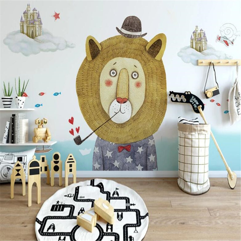Custom Mural Wallpaper Cartoon Mr. Lion for Kid's Room | BVM Home