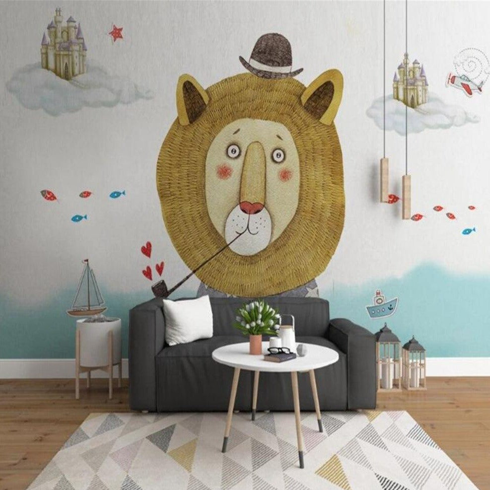 Custom Mural Wallpaper Cartoon Mr. Lion for Kid's Room | BVM Home