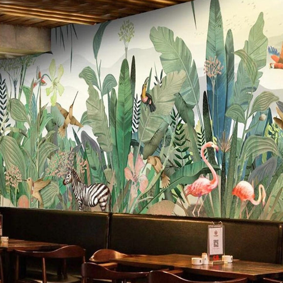 custom-mural-wallpaper-papier-peint-papel-de-parede-wall-decor-ideas-for-bedroom-living-room-dining-room-wallcovering-hand-painted-plant-rainforest-flower-and-bird-animal