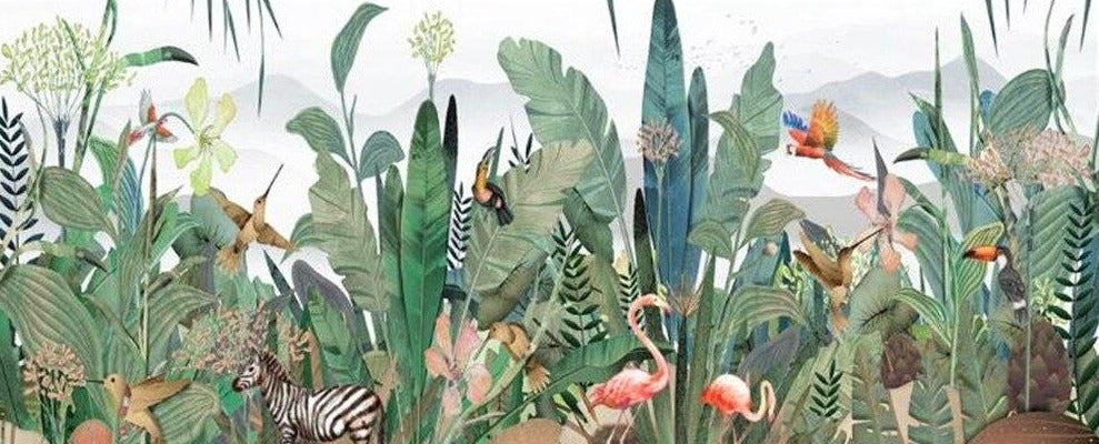 custom-mural-wallpaper-papier-peint-papel-de-parede-wall-decor-ideas-for-bedroom-living-room-dining-room-wallcovering-hand-painted-plant-rainforest-flower-and-bird-animal