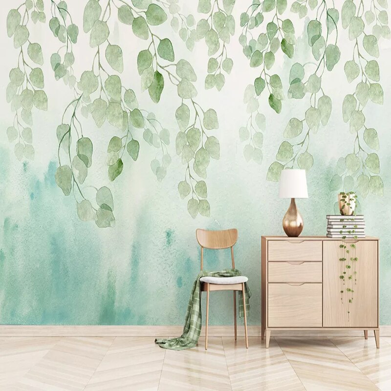 custom-mural-wallpaper-papier-peint-papel-de-parede-wall-decor-ideas-for-bedroom-living-room-dining-room-wallcovering-nordic-watercolor-green-leaf