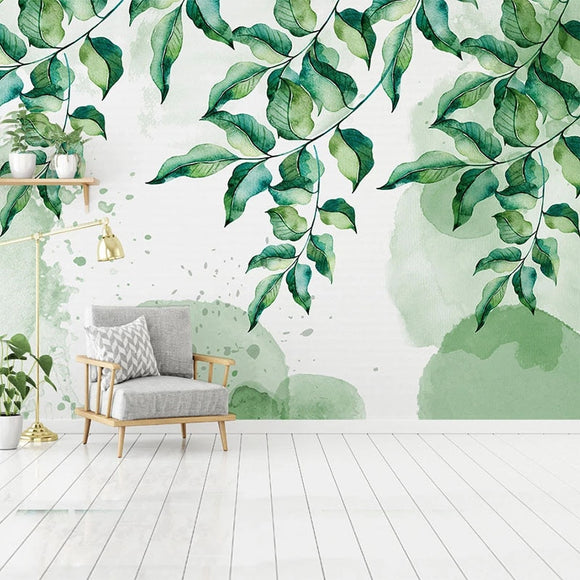 custom-mural-wallpaper-papier-peint-papel-de-parede-wall-decor-ideas-for-bedroom-living-room-dining-room-wallcovering-Modern-Simple-3D-Wallpaper-Hand-Painted-Watercolor-Green-Leaves