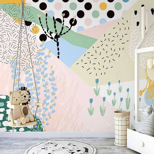 nordic-cartoon-kids-room-wallpaper-3d-hand-painted-fresh-abstract-plant-art-geometric-home-decor-wall-murals-coverings-papier-peint