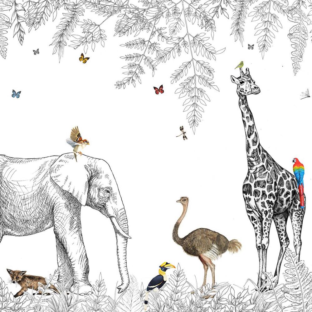 custom-wallpaper-mural-wall-covering-wall-decor-wall-decal-wall-sticker-nursery-decor-kids-room-children's-room-daycare-kindergarten-ideas-cartoon-animals-jungle-papier-peint