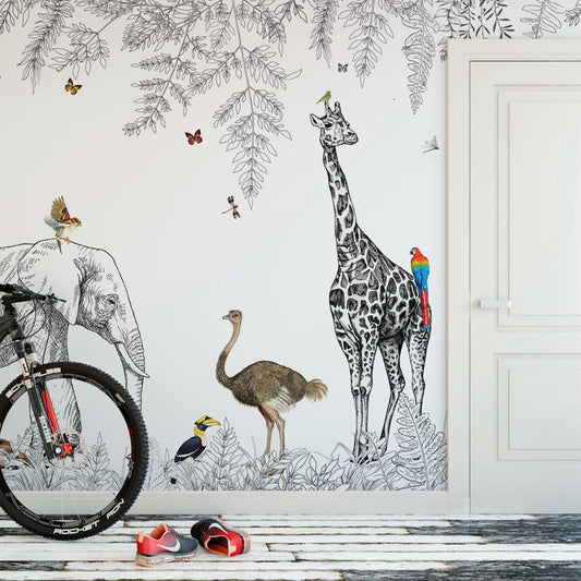 custom-wallpaper-mural-wall-covering-wall-decor-wall-decal-wall-sticker-nursery-decor-kids-room-children's-room-daycare-kindergarten-ideas-cartoon-animals-jungle-papier-peint