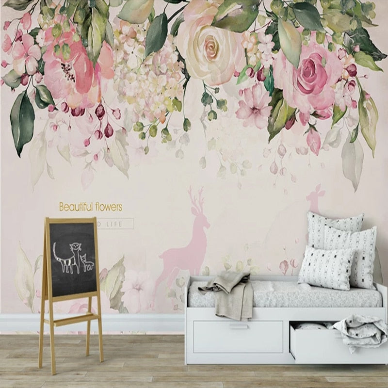 custom-mural-wallpaper-papier-peint-papel-de-parede-wall-decor-ideas-for-bedroom-living-room-dining-room-wallcovering-Watercolor-Pink-Flowers-Murals-Cartoon-Kids-Girl-s-Bedroom
