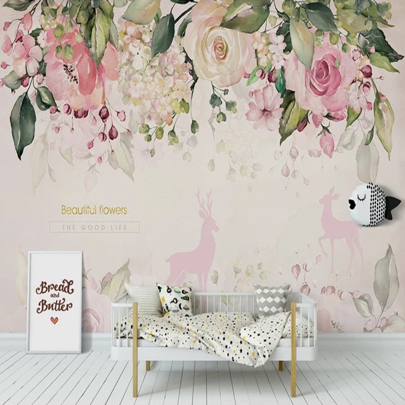 custom-mural-wallpaper-papier-peint-papel-de-parede-wall-decor-ideas-for-bedroom-living-room-dining-room-wallcovering-Watercolor-Pink-Flowers-Murals-Cartoon-Kids-Girl-s-Bedroom
