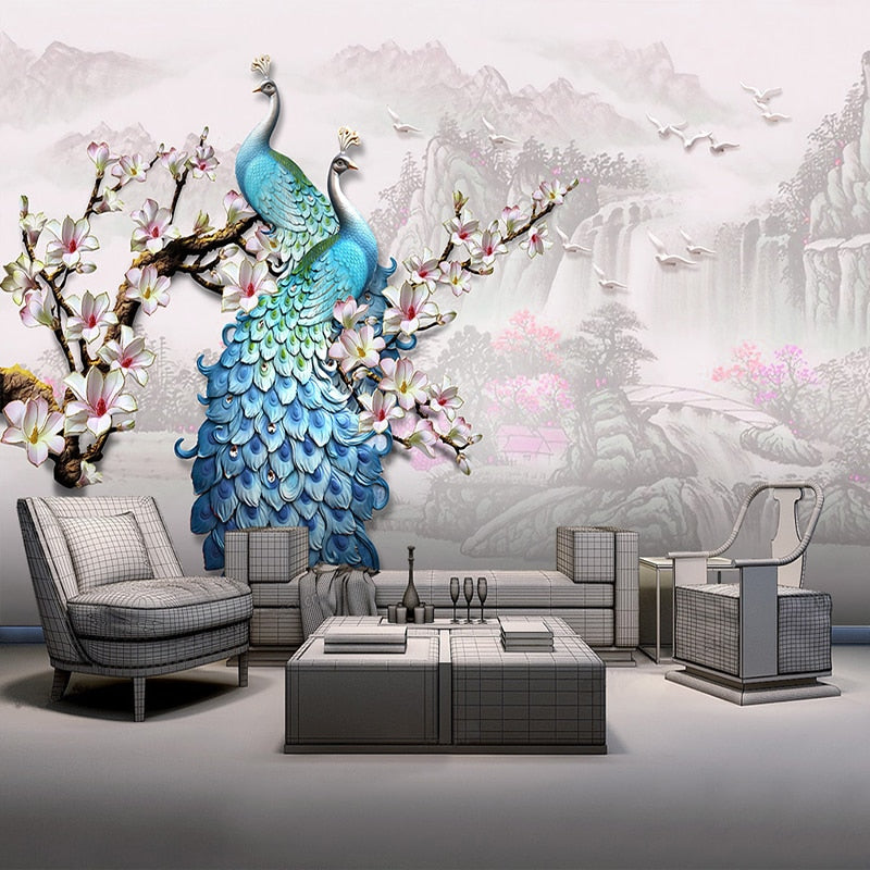 custom-mural-wallpaper-papier-peint-papel-de-parede-wall-decor-ideas-for-bedroom-living-room-dining-room-wallcovering-European-Style-Blue-Peacock