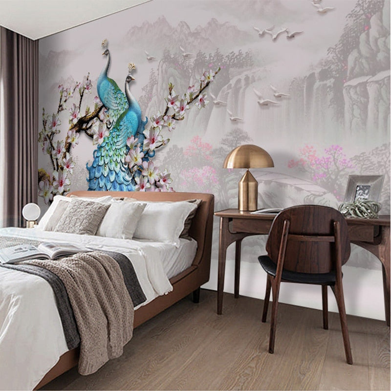 custom-mural-wallpaper-papier-peint-papel-de-parede-wall-decor-ideas-for-bedroom-living-room-dining-room-wallcovering-European-Style-Blue-Peacock