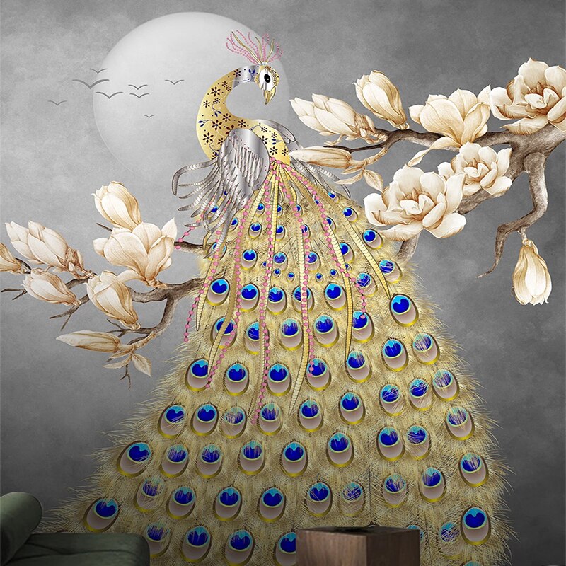custom-mural-wallpaper-papier-peint-papel-de-parede-wall-decor-ideas-for-bedroom-living-room-dining-room-wallcovering-European-Style-Hand-Painted-Magnolia-Flower-3D-Golden-Peacock