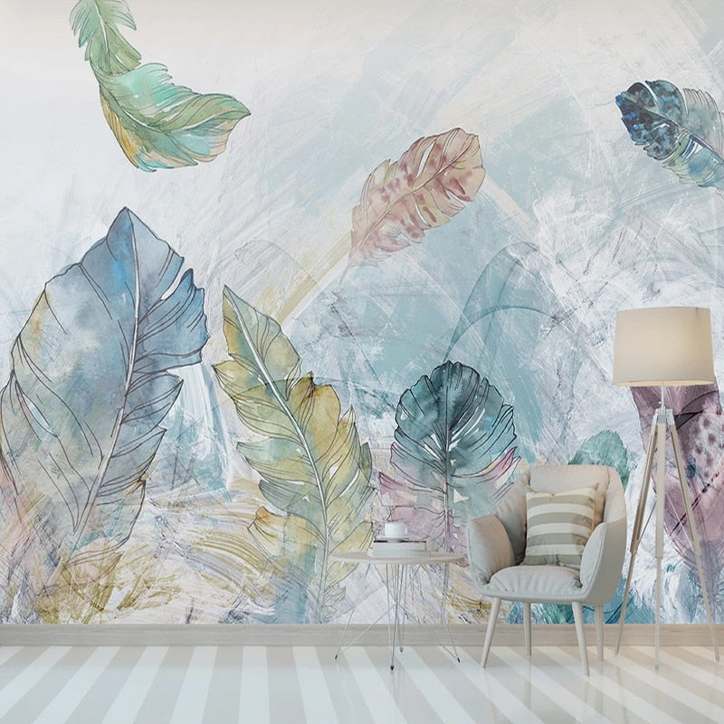 custom-mural-wallpaper-papier-peint-papel-de-parede-wall-decor-ideas-for-bedroom-living-room-dining-room-wallcovering-European-Watercolor-Abstract-Line-Art-Leaves