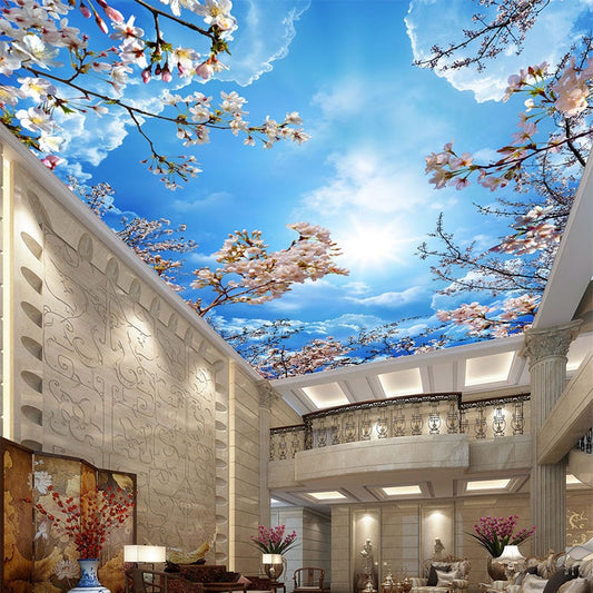 romantic-blue-sky-white-clouds-cherry-blossoms-photo-wallpaper-3d-ceiling-mural-living-room-theme-hotel-pastoral-decor-wallpaper
