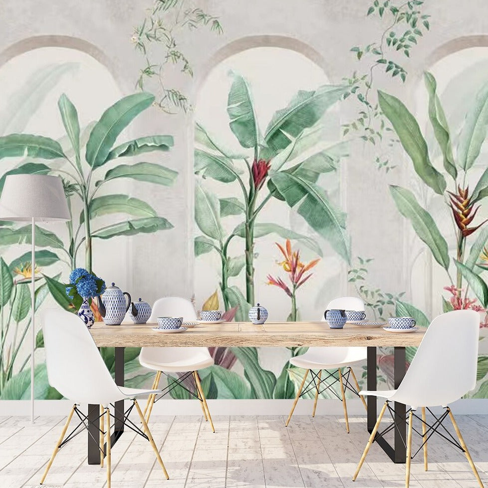 custom-industrial-concrete-archway-stone-architecture-botanical-plants-banana-leaf-wallpaper-mural-for-bathroom-background-papier-peint