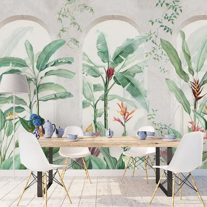 custom-industrial-concrete-archway-stone-architecture-botanical-plants-banana-leaf-wallpaper-mural-for-bathroom-background-papier-peint