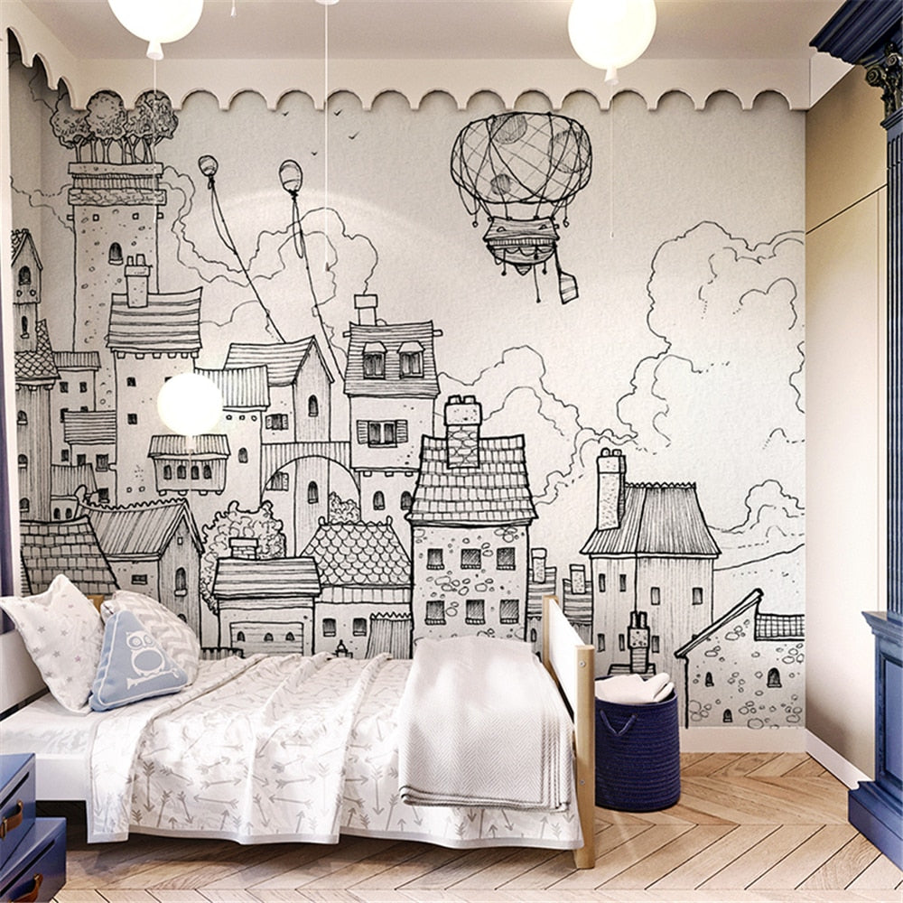 custom-black-and-white-building-house-cartoon-wallpapers-childrens-room-wall-paper-girls-bedroom-wallpaper-mural-kindergarten-papier-peint