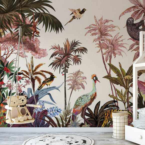 safari-removable-wallpaper-non-woven-tropical-wall-mural-tropical-jungle-animals-mural-wallpaper-papier-peint