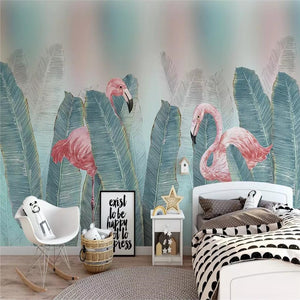 tropical-flamingo-fresh-green-leaves-background-papier-peint-production-mural-nursery-wallpaper-mural-poster-photo-wall