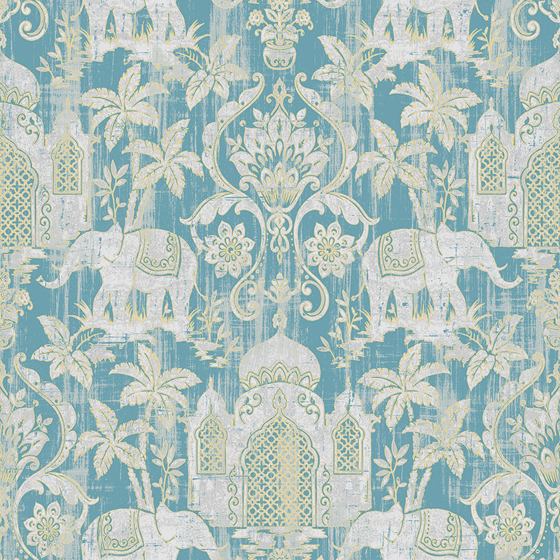 temple-taj-mahal-elephant-palm-trees-tropical-wallpaper-metallic-shimmer-southeast-asia-thai-style-background-wall-paper