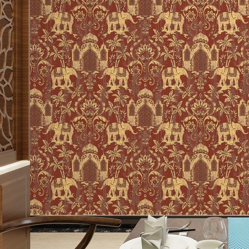 temple-taj-mahal-elephant-palm-trees-tropical-wallpaper-metallic-shimmer-southeast-asia-thai-style-background-wall-paper
